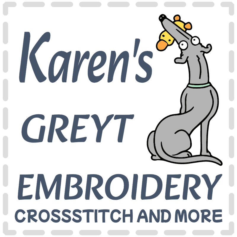 Karen's Greyt Embroidery and CrossStitch Logo with a cartoonish greyhound.